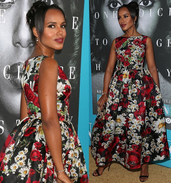 Turning slightly to reveal the sculptural silhouette, Kerry Washington showcases the dress’s structured bodice and voluminous skirt—balanced by delicate accessories and sleek, barely-there sandals