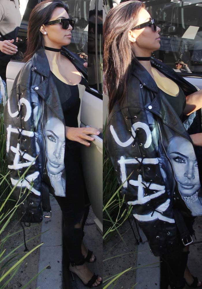 Pair a statement leather jacket like Kim Kardashian’s with sleek all-black basics and strappy Gianvito Rossi sandals for an effortlessly bold, fashion-forward look