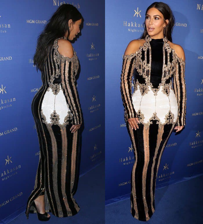 Peeking through the hemline of her ornate Balmain gown, Kim’s black open-toe stiletto sandals added a streamlined finishing touch to the otherwise heavily embellished look
