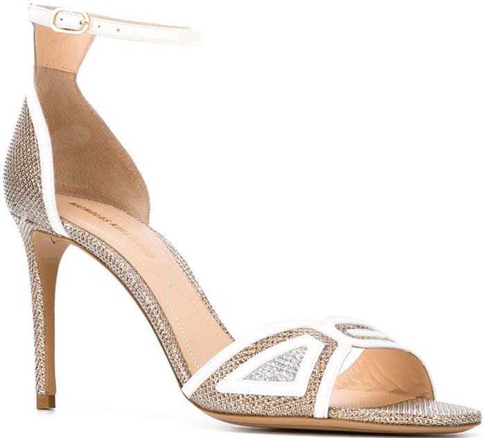 Nicholas Kirkwood “Outliner” Lurex ankle-strap sandals featuring white leather straps and glittering metallic trim, originally retailing for about $721 to $850
