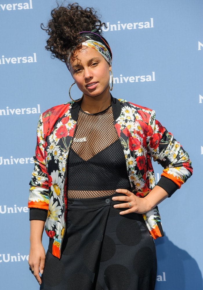 Alicia Keys sports a floral Dolce Gabbana bomber jacket at an NBCUniversal event