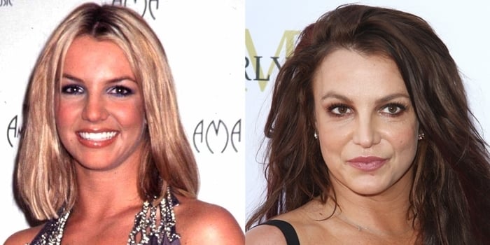 Britney Spears at the 2000 American Music Awards (left) and nearly two decades later at the 2019 Beauty Awards in Los Angeles (right), reflecting her evolving look and public presence over the years