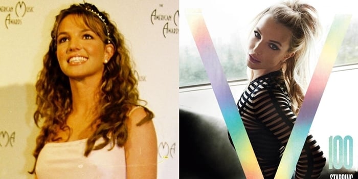 Then and now: Britney Spears at the 1999 American Music Awards (left) and striking a high-fashion pose on the Spring 2016 cover of V Magazine #100 (right), showcasing her evolving style and public image