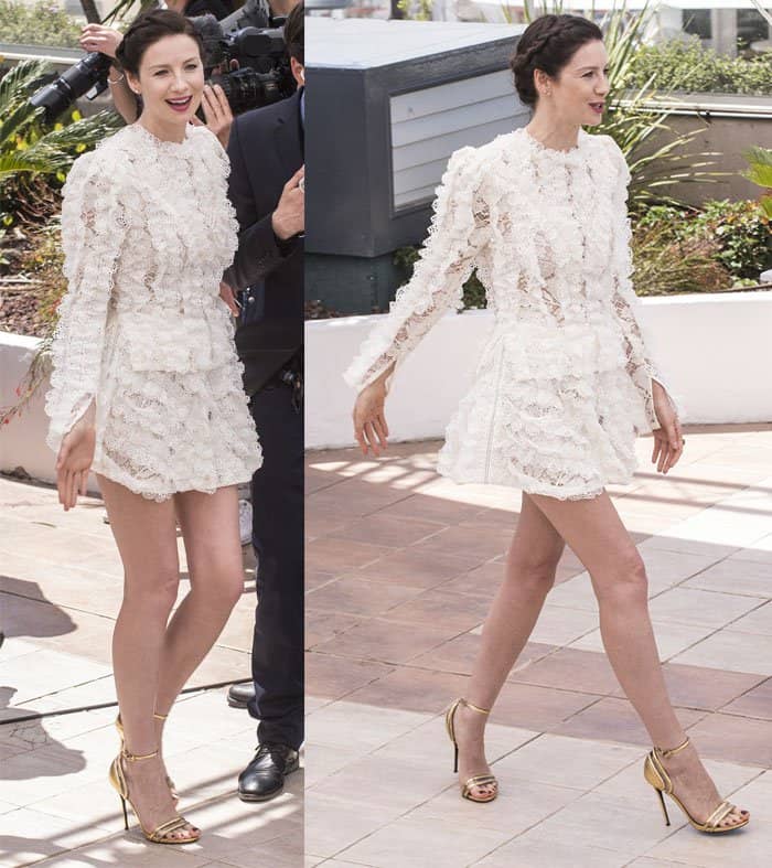 Caitriona Balfe exudes elegance in a Louis Vuitton mini dress and gold sandals at the 69th Cannes Film Festival