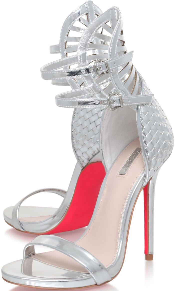 These silver metallic Carvela Kurt Geiger "Gander" sandals feature double adjustable ankle straps and a towering 4.7-inch heel