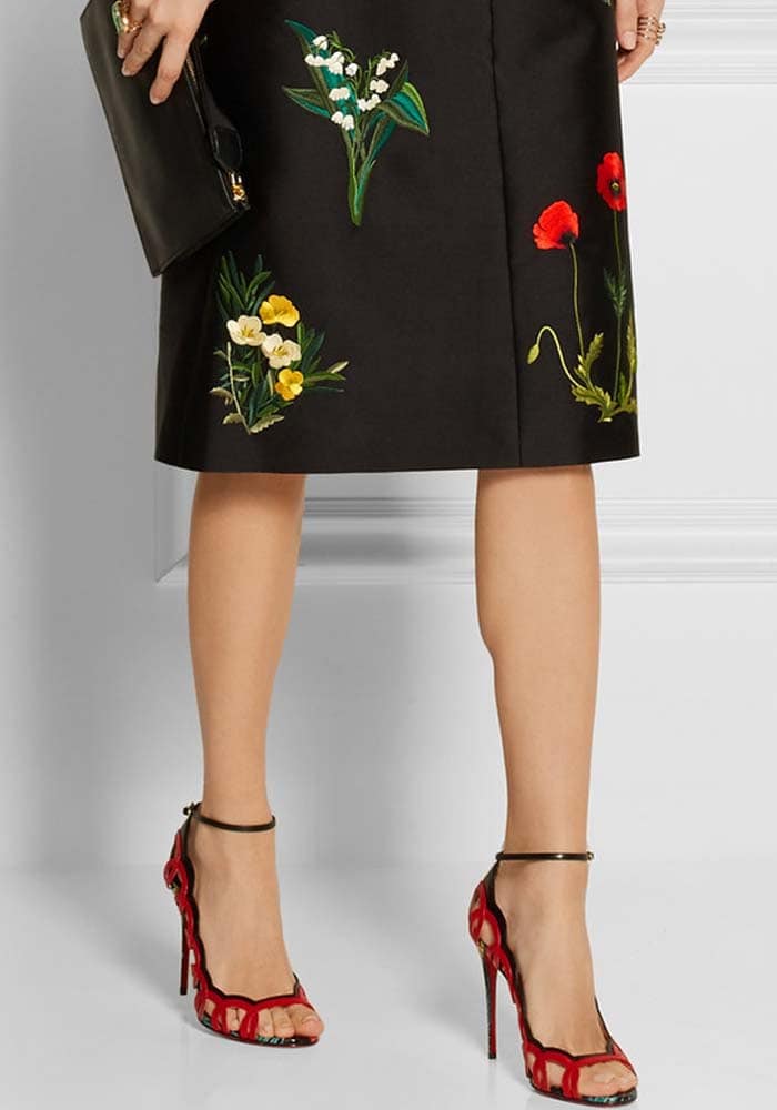 Christian Louboutin “Houla Hot” sandals in red and black leather with floral trim and a slim ankle strap — a striking example of the brand’s playful yet polished craftsmanship