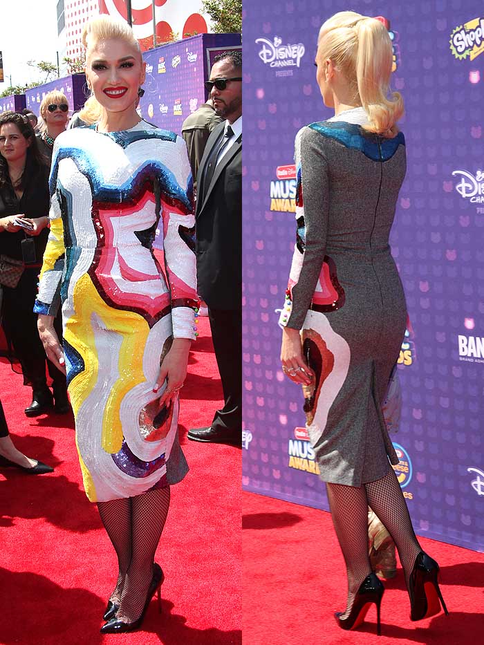 The swirling rainbow sequins of Olympia Le-Tan's Fall 2016 design transformed Gwen Stefani into a walking piece of pop art, while black fishnets and So Kate pumps anchored the look