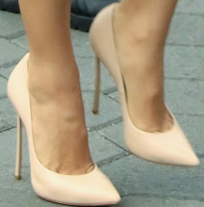 Jenna Dewan steps out in elegant nude Casadei Blade pumps, showcasing their signature stiletto heels and sleek, pointed-toe design