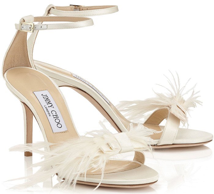 Jimmy Choo Beige 'Vivien' Ostrich Feather-Bow Satin Sandals