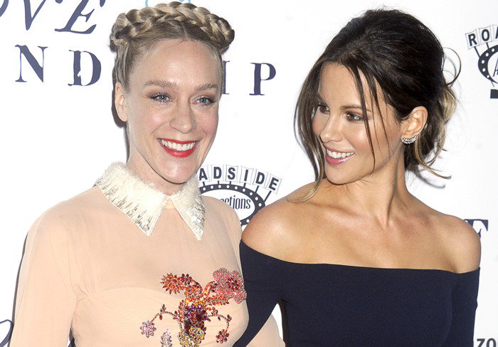 Chloë Sevigny and Kate Beckinsale pose for photos on the red carpet at the premiere of her latest film "Love Friendship"