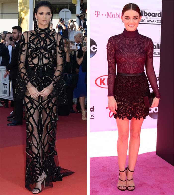 Kendall Jenner and Lucy Hale both stun in sheer Zuhair Murad lace dresses — Kendall in a dramatic floor-length gown at Cannes, and Lucy in a mini version at the Billboard Music Awards — proving how the same designer can deliver both high-drama couture and flirty red-carpet elegance