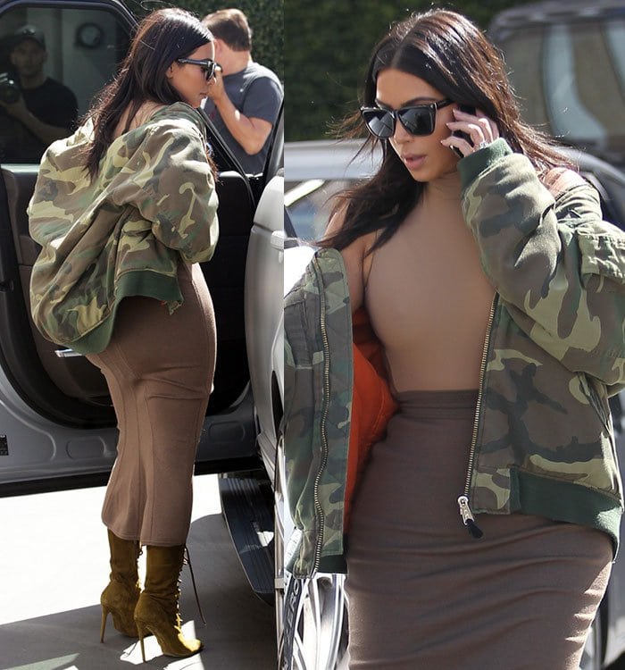 Kim Kardashian rocking a nude high-neck bodysuit by Adidas and a taupe midi skirt that highlighted her famous curves