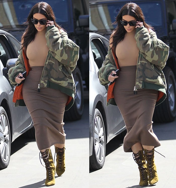 Kim Kardashian West leaving Epione Skin Clinic on May 12, 2016, in a Raf Simons AW01 camo bomber jacket and Yeezy Season 3 boots, showcasing her post-baby style
