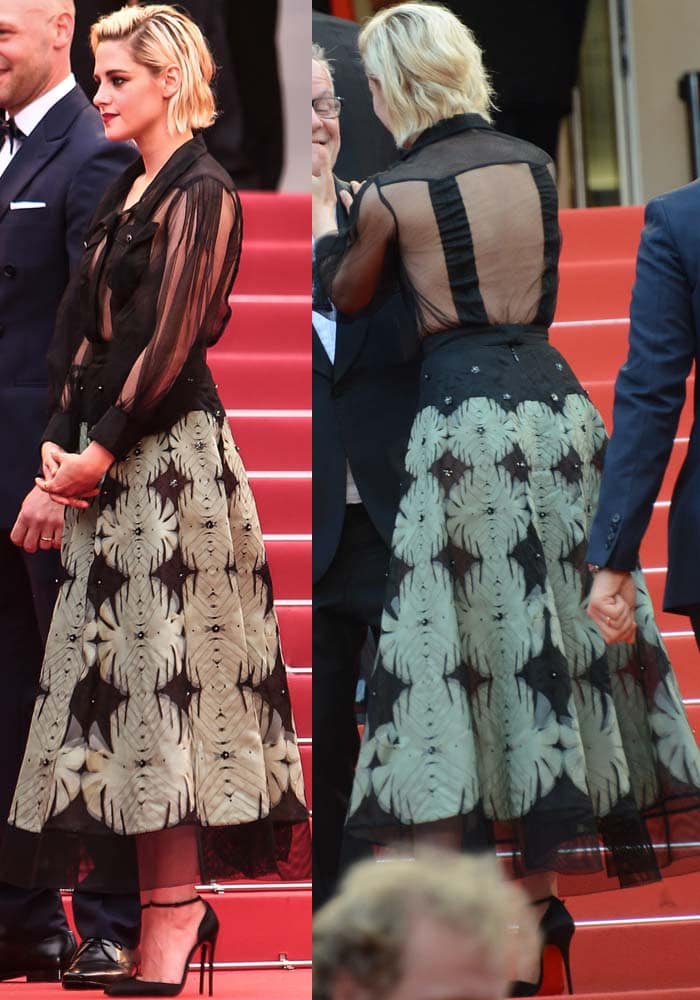 Kristen Stewart completes her daring sheer Chanel ensemble with sleek black Christian Louboutin Uptown pumps, the sharp pointed-toe silhouette adding polish and structure to the softly embroidered, tea-length skirt on the Cannes red carpet
