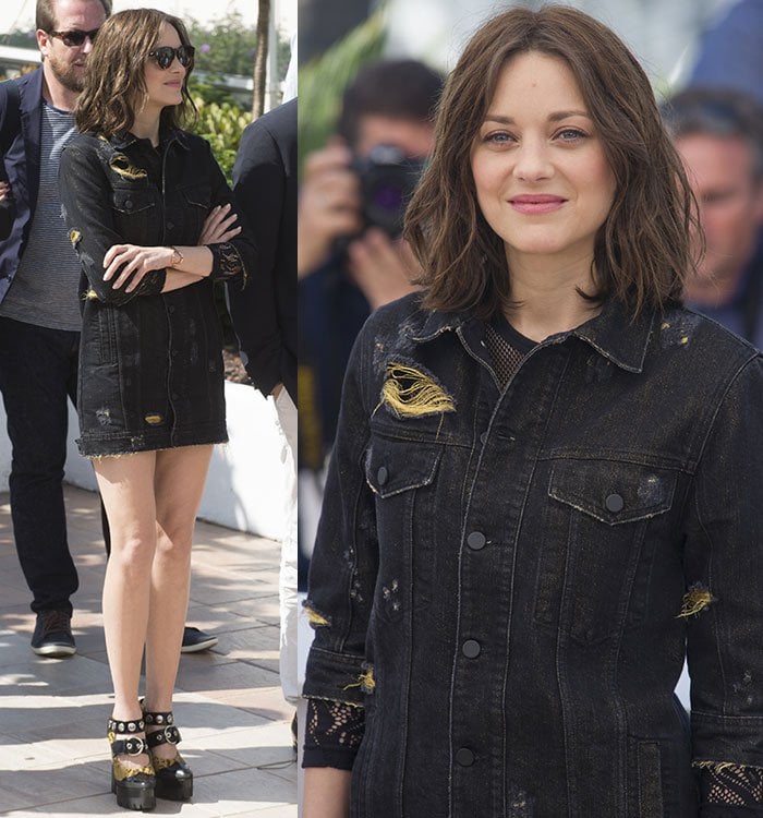 Marion Cotillard wears a distressed black denim jacket dress paired with chunky platform Mulberry shoes at the 2016 Cannes Film Festival
