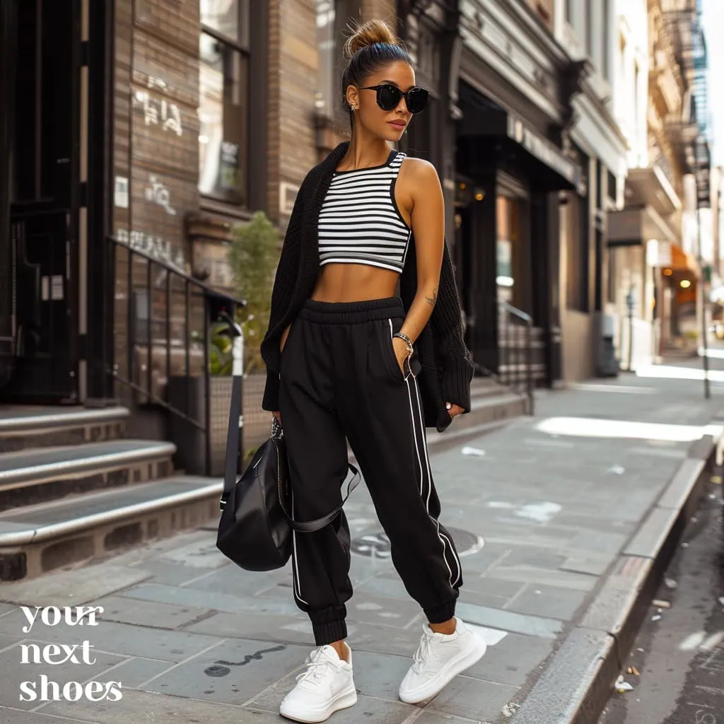 A stylish woman exudes confidence in New York, wearing a striped crop top with black jogger pants, white platform sneakers, and oversized sunglasses