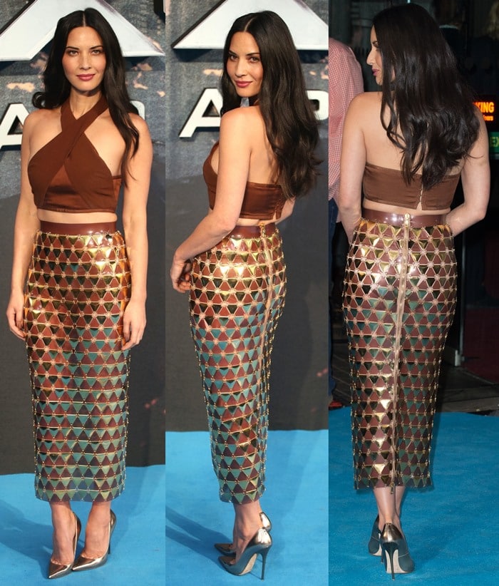 Olivia Munn in a metallic bronze skirt at the ‘X-Men: Apocalypse’ fan screening event at the BFI IMAX in London on May 9, 2016
