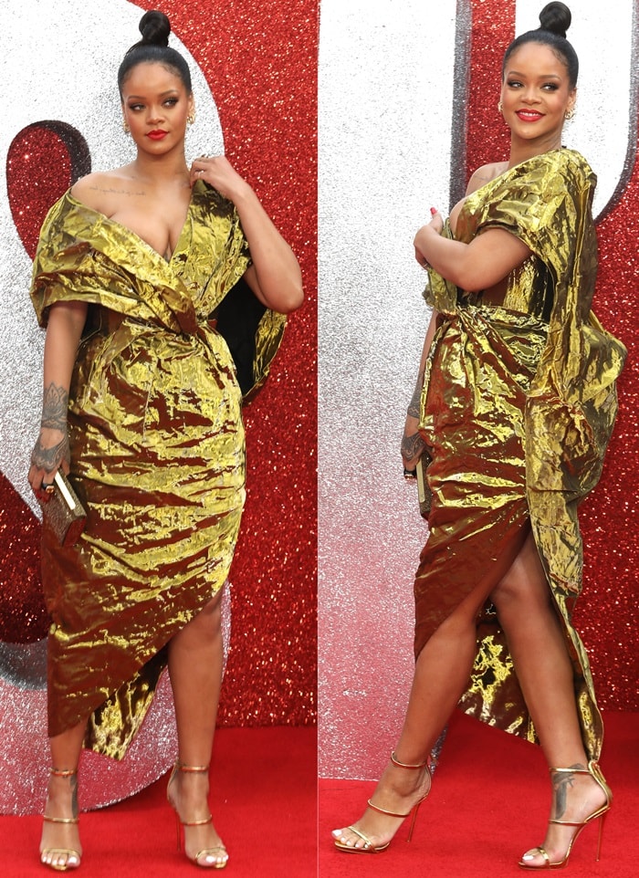 Rihanna dazzles on the red carpet in a shimmering gold Poiret gown paired with Giuseppe Zanotti's gold Harmony sandals