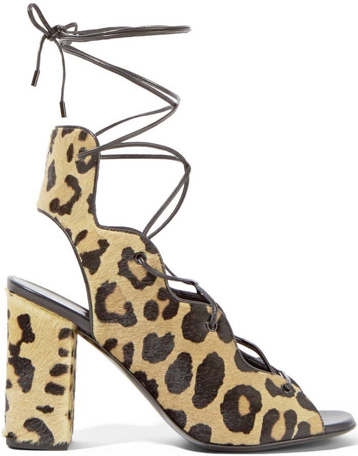 Saint Laurent Leopard Print Calf Hair Lace-Up Sandal