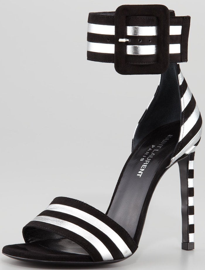 Saint Laurent Paloma black suede and metallic silver striped ankle-cuff sandals with stiletto heels