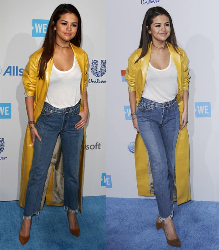 Selena Gomez elevates high-waisted cropped jeans with a mustard-yellow leather trench coat and tan pointed-toe Manolo Blahnik pumps