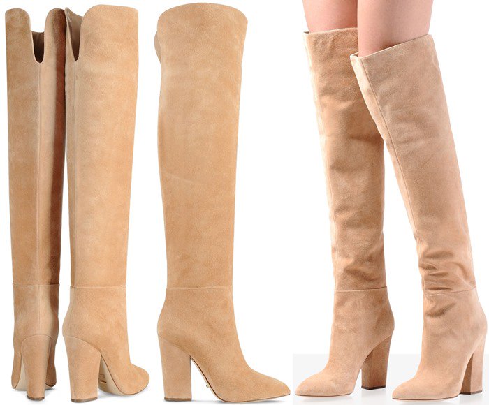 Sergio Rossi’s ‘Scarlett’ over-the-knee boots feature a honey-suede finish and a sculpted block heel that gives the classic thigh-high silhouette a modern, structured feel