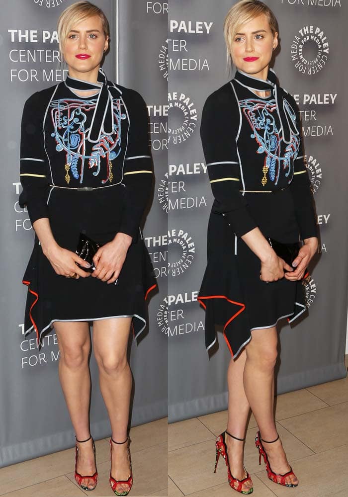 Taylor Schilling turns heads at PaleyLive LA in a Peter Pilotto embroidered mini dress paired with striking red-and-black Christian Louboutin “Houla Hot” sandals
