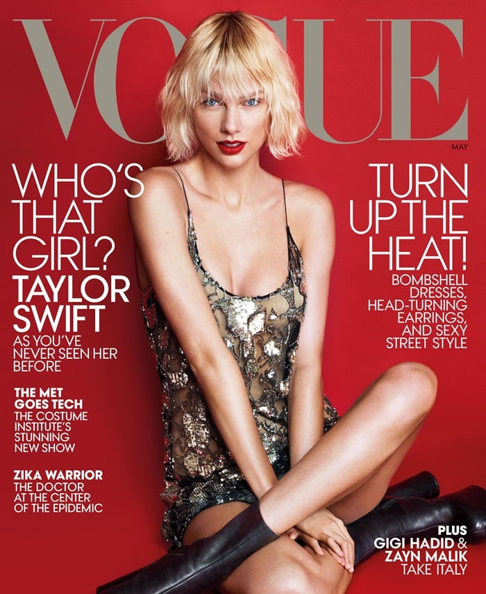 For the May 2016 cover of US Vogue, Taylor Swift posed in a glittering Saint Laurent by Hedi Slimane mini dress paired with sky-high platform boots by Vetements