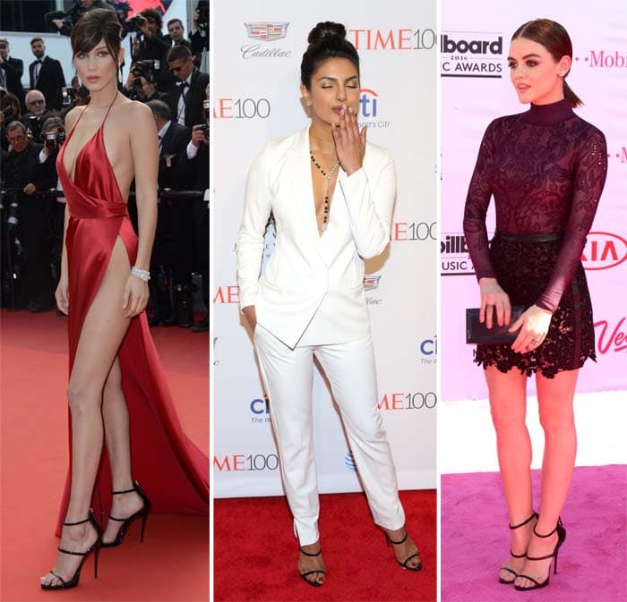 From Bella Hadid's bold red gown to Priyanka Chopra's sleek white suit and Lucy Hale's lacy black ensemble, Giuseppe Zanotti's Harmony sandals effortlessly elevate every look