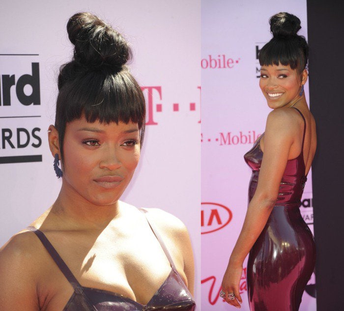 Keke Palmer radiates confidence in a curve-hugging latex dress paired with sparkling Atelier Swarovski drop earrings before hitting the 2016 Billboard Music Awards pink carpet