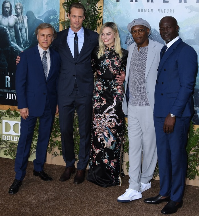 Christoph Waltz, Alexander Skarsgard, Margot Robbie, Samuel L. Jackson and Dijmon Hounsou pose for photos at the premiere of "Tarzan"