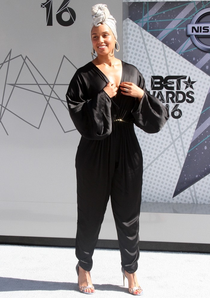 Alicia Keys wearing a Stella McCartney 'Morgane Aio' embellished satin jumpsuit at the 2016 BET Awards held at the Microsoft Theater in Los Angeles on June 26, 2016