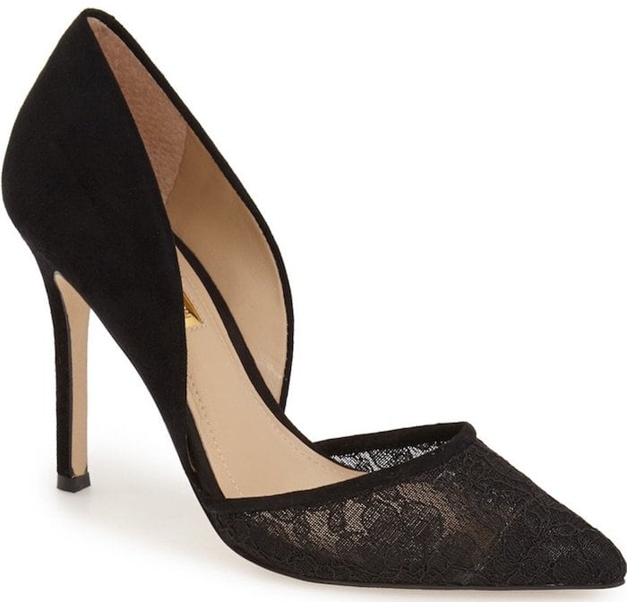 Sheer floral lace at the pointed toe adds to the romance of a dramatic d'Orsay pump lifted by a slender setback heel