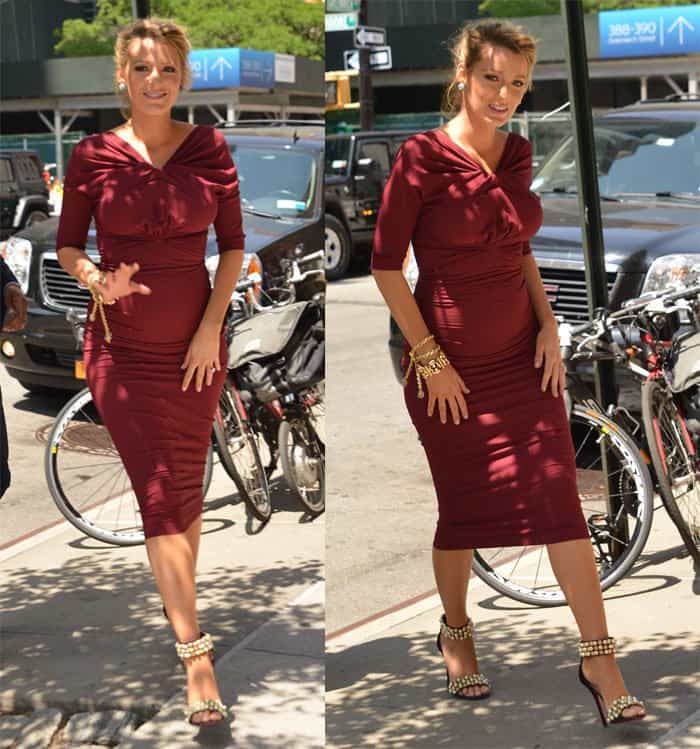 Blake Lively appeared at ABC Studios on "The Chew," wearing a three-quarter sleeve bordeaux fitted dress from Oscar de la Renta's Pre-Fall 2016 collection with jewelry from Van Cleef Arpels and Lorraine Schwartz, along with beaded ankle strap sandals in Manhattan