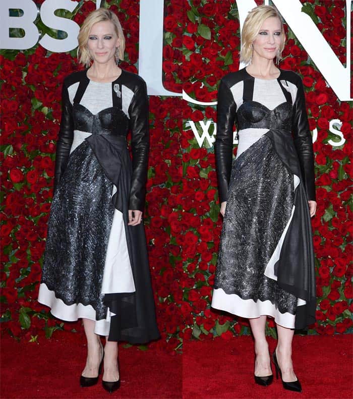 Cate Blanchett pairs her edgy Louis Vuitton leather-sleeved gown with classic black pointed-toe pumps, balancing avant-garde design with timeless footwear polish