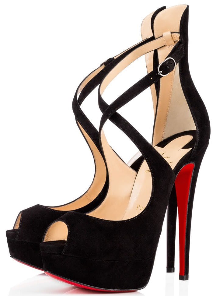 Christian Louboutin Marlenalta Crisscross-Strap Peep-Toe Platform Pumps in Black Suede