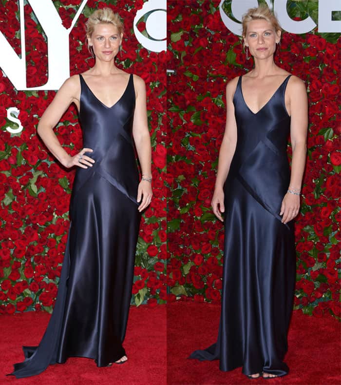 Claire Danes opts for minimalist sophistication in an indigo silk gown paired with sleek black open-toe heels that keep the look fluid and understated