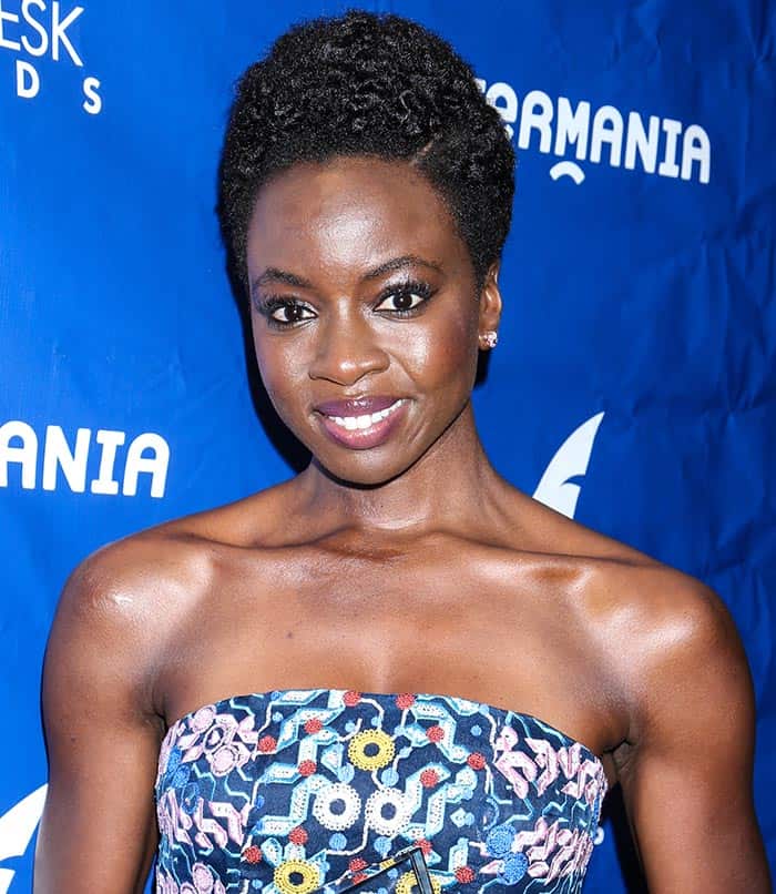 Danai Gurira wearing an elegant geometric-printed strapless gown at the 2016 Drama Desk Awards