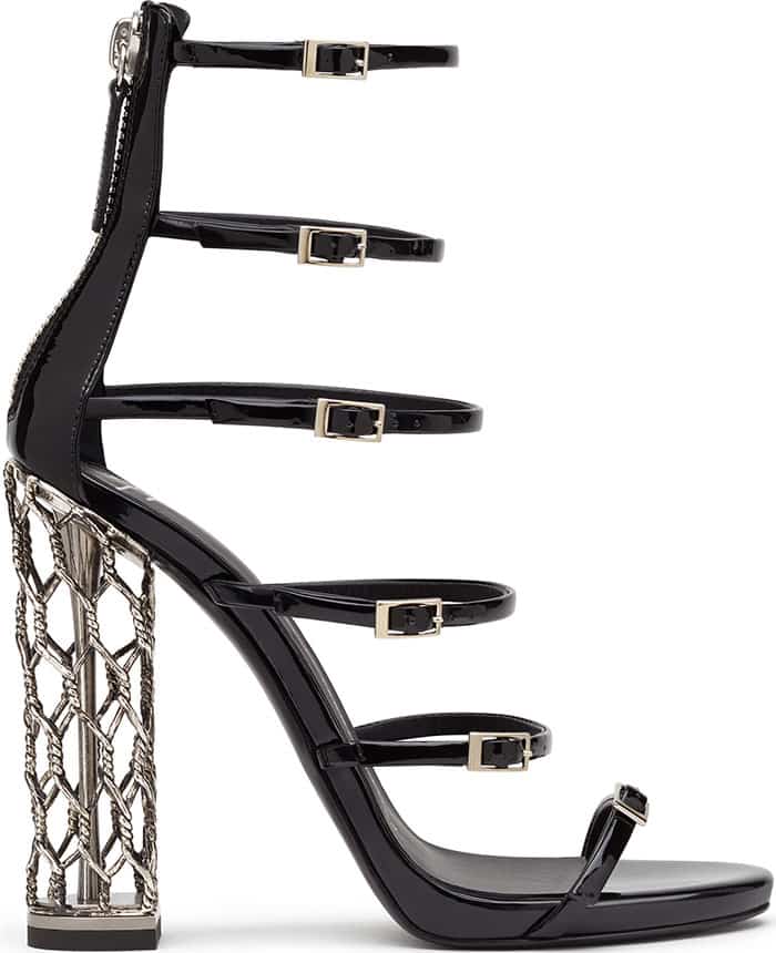 Giuseppe Zanotti “Lauren” Cage Sandals — a striking black patent leather design with six slim buckled straps and architectural metal lattice block heels that blend glamour with edge