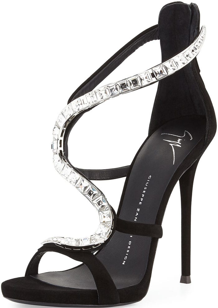 Giuseppe Zanotti “Venere” wavy crystal-embellished suede sandal with signature serpentine hardware and a towering 115mm stiletto heel