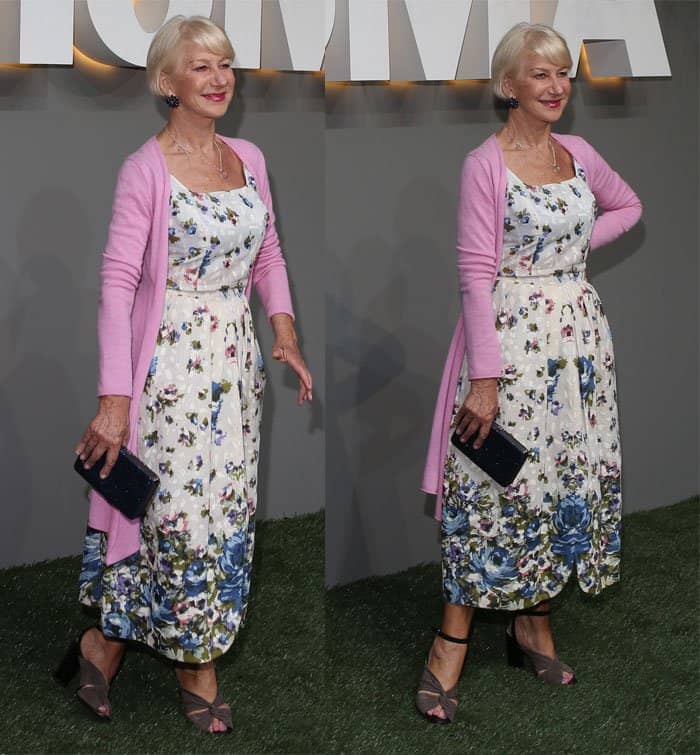 Helen Mirren’s tea-length floral dress accentuates her grace and elegance, giving her a youthful yet sophisticated appearance