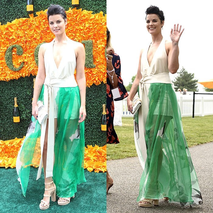 Jaimie Alexander attends the Veuve Clicquot Polo Classic at Liberty State Park on June 4, 2016, pairing a flowing green-and-cream gown with chunky platform sandals for a grounded yet elegant finish