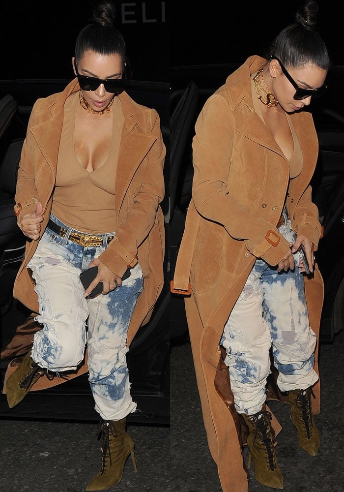 A plunging tan bodysuit and suede trench meet heavily bleached, distressed denim, with olive lace-up stilettos sharpening the deliberately undone styling