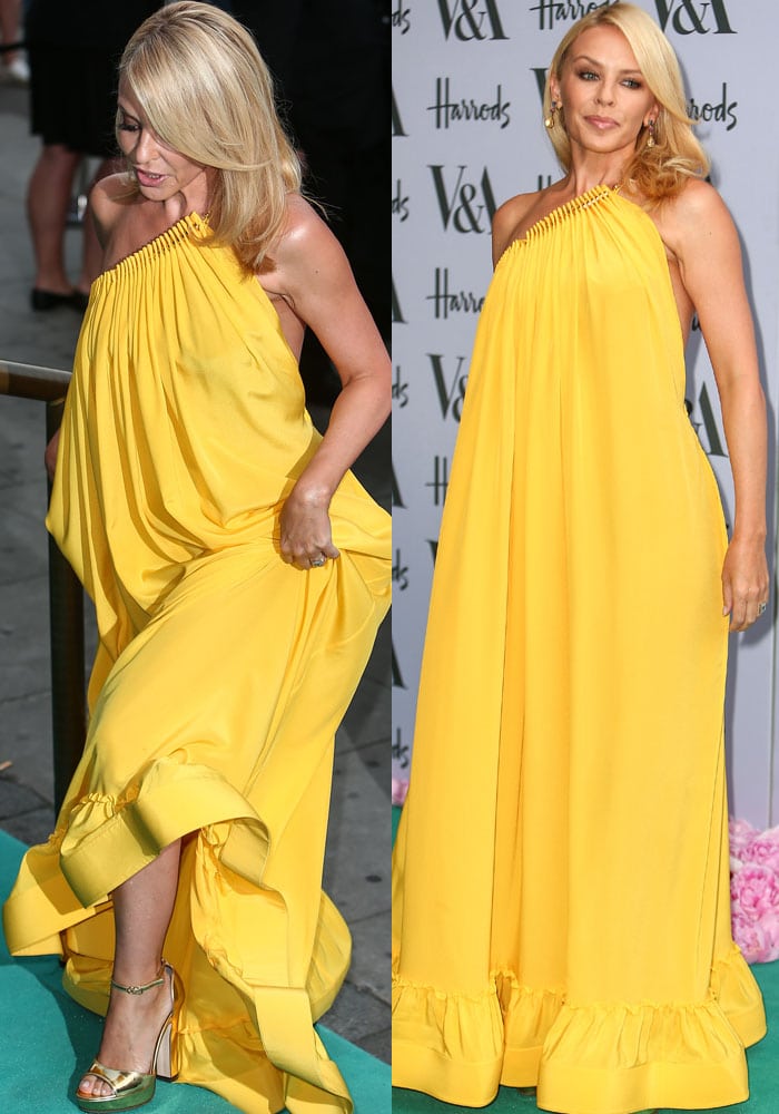 Kylie Minogue brightens the VA Summer Party in a flowing yellow Stella McCartney halter gown, pairing the dramatic silhouette with gleaming gold platform sandals