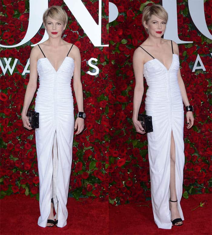 Michelle Williams channels old-Hollywood elegance in a ruched white Louis Vuitton gown styled with black ankle-strap sandals that add height and contrast on the red carpet at the 2016 Tony Awards