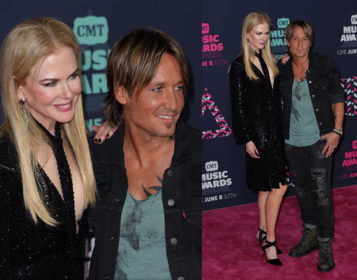 Nicole Kidman and her husband, Keith Urban, pose on the pink carpet at the CMT Music Awards, with Nicole opting for kitten-heeled Giuseppe Zanotti pumps — a chic choice that kept her statuesque 5’10½″ frame from towering over her 5’8½″ husband