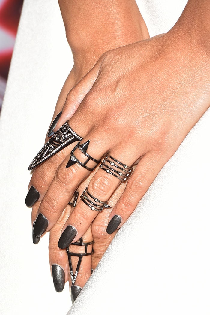 Nicole Scherzinger shows off her black manicure and matching rings from jewelry designer Lynn Ban