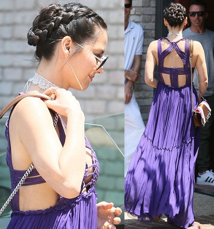 Olivia Munn highlighted her intricate braided updo and Alberta Ferretti maxi dress while leaving Joel Silver’s Memorial Day Party in Los Angeles on May 30, 2016