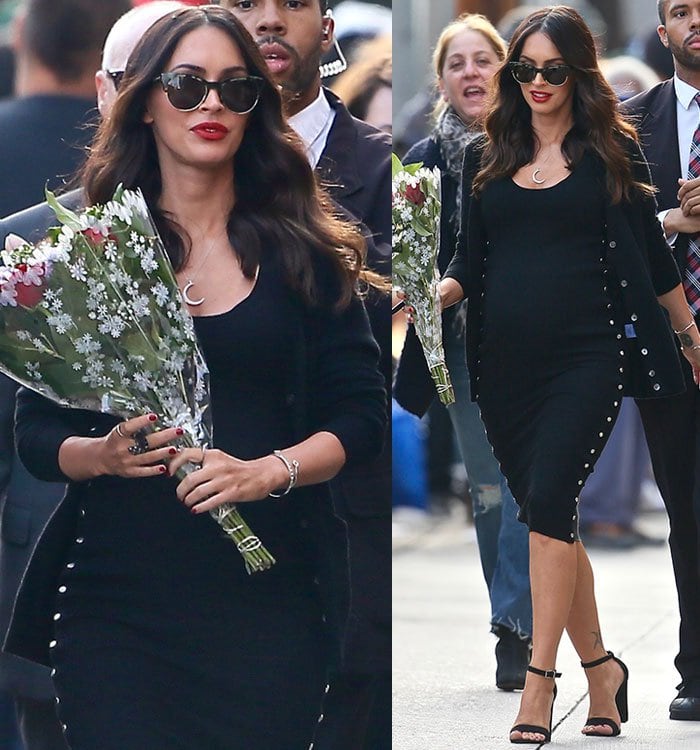 Megan Fox leaving ABC Studios after an appearance on Jimmy Kimmel Live! in Los Angeles on May 31, 2016, with ankle-strap heels subtly boosting her 5'4" frame and elongating the clean lines of her fitted Alexander Wang dress
