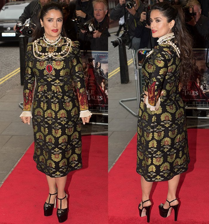 The actress turns to display the dress’s structure and texture, balanced by her towering Gucci Angel platform heels